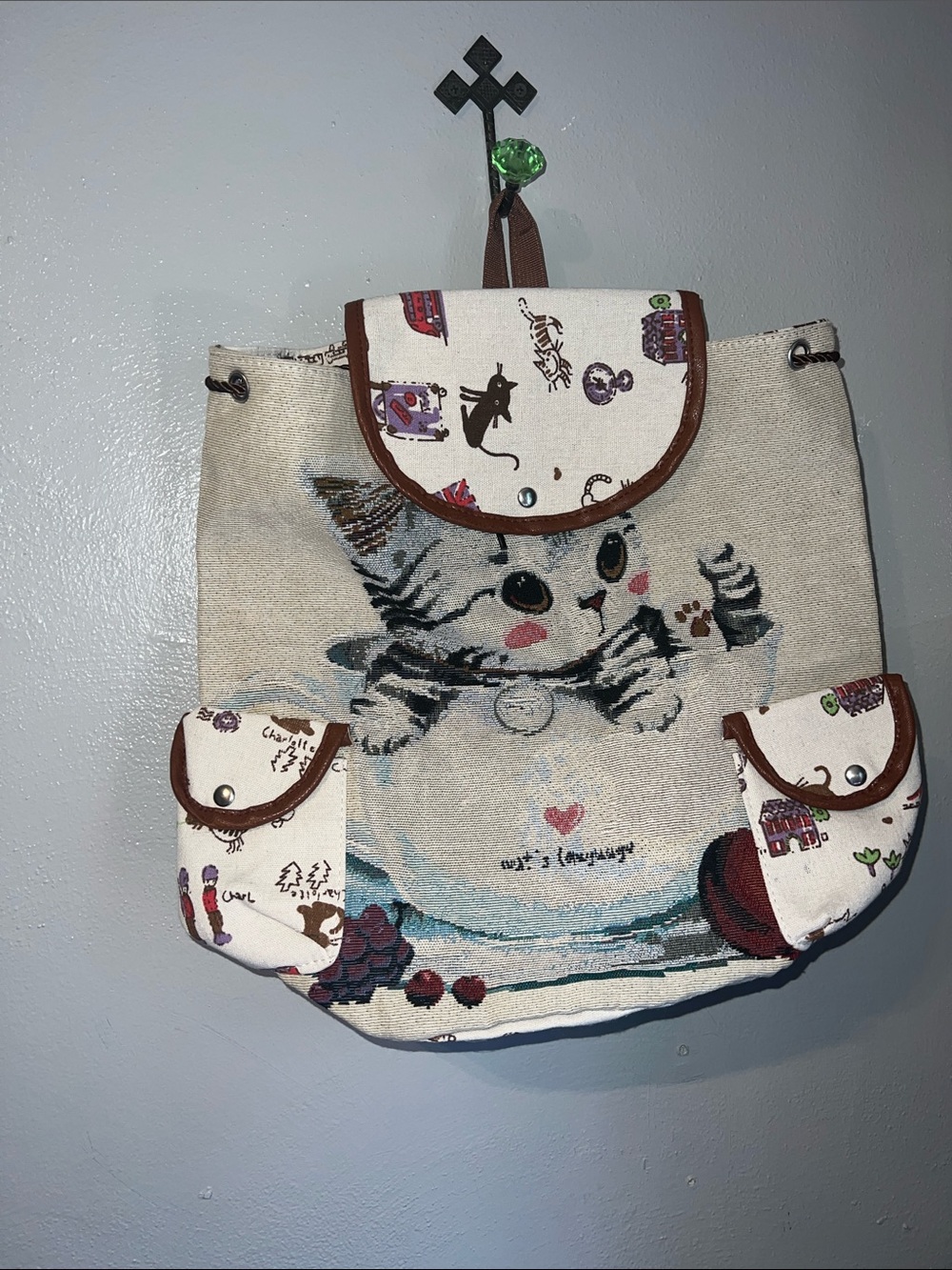 Cat Print Canvas Backpack - Cream with Brown Trim New Without Tags